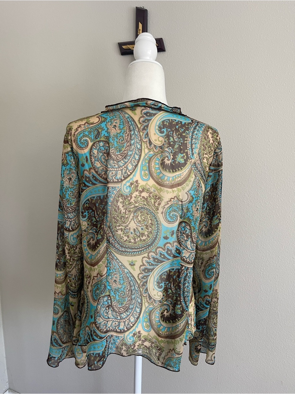 Apt. 9 Teal and Brown Paisley Sheer Ruffle V-Neck Blouse - Picture 5 of 7